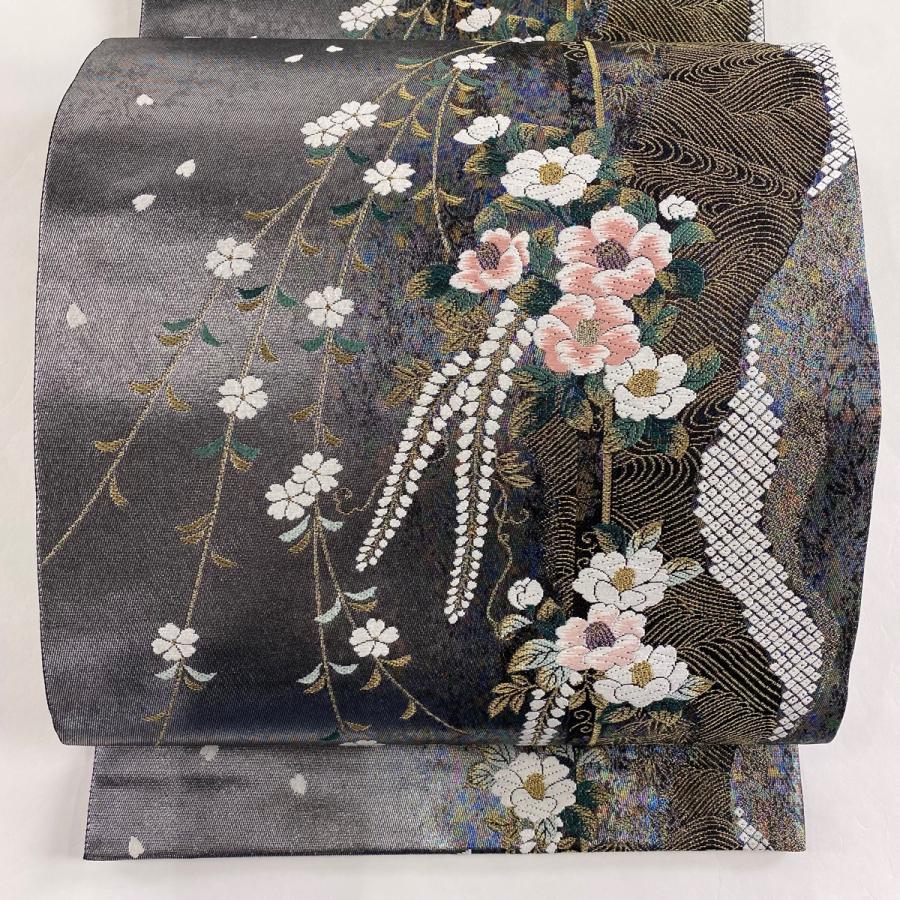 袋帯 美品 秀品 花夢彩華文 箔 唐織 銀色 六通 正絹 中古 : リユース 