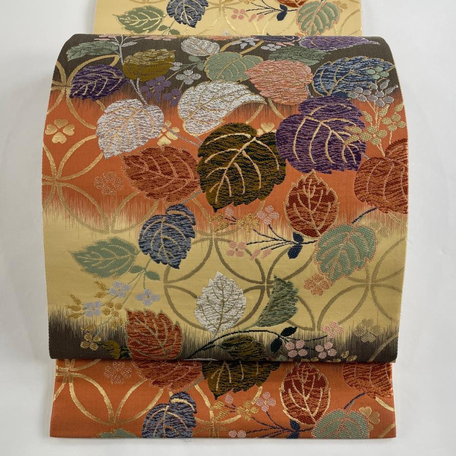 袋帯 美品 秀品 花唐草 七宝 金糸 唐織 甚だしい ベージュ 六通 袋帯 美品 秀品 花唐草 七宝 金糸 唐織 甚だしい ベージュ 六通