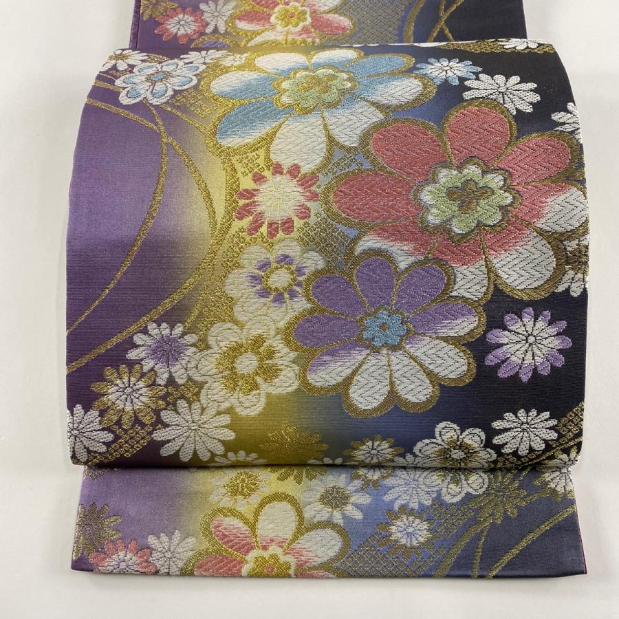 袋帯 美品 秀品 花柄 唐織 金糸 紫 六通 正絹 中古 : リユースセレクト  