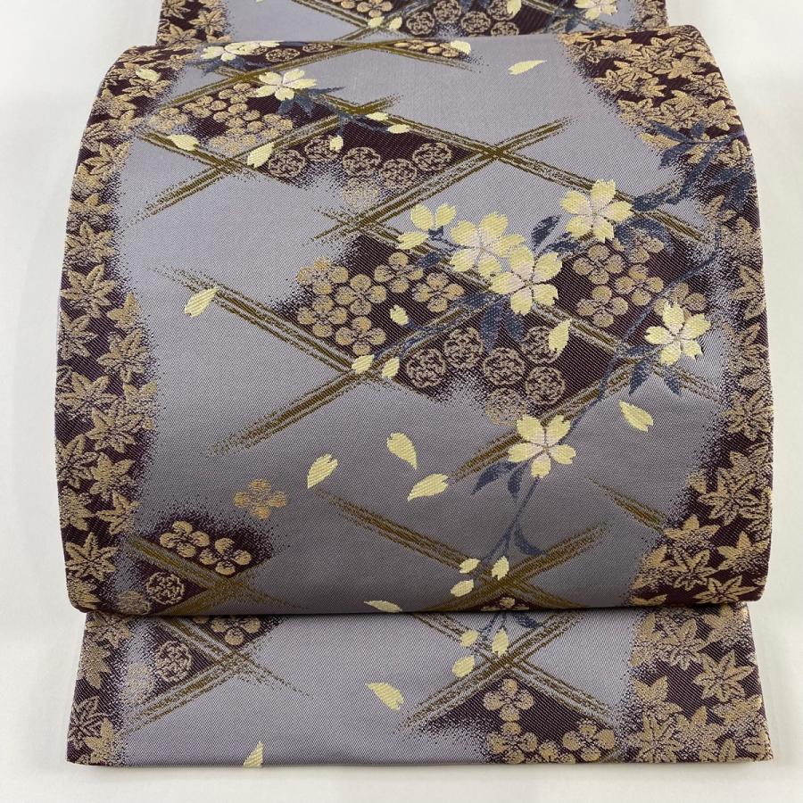袋帯 美品 名品 坂東三津五郎 落款あり 桜 花びら 金糸 灰紫 六通 正絹