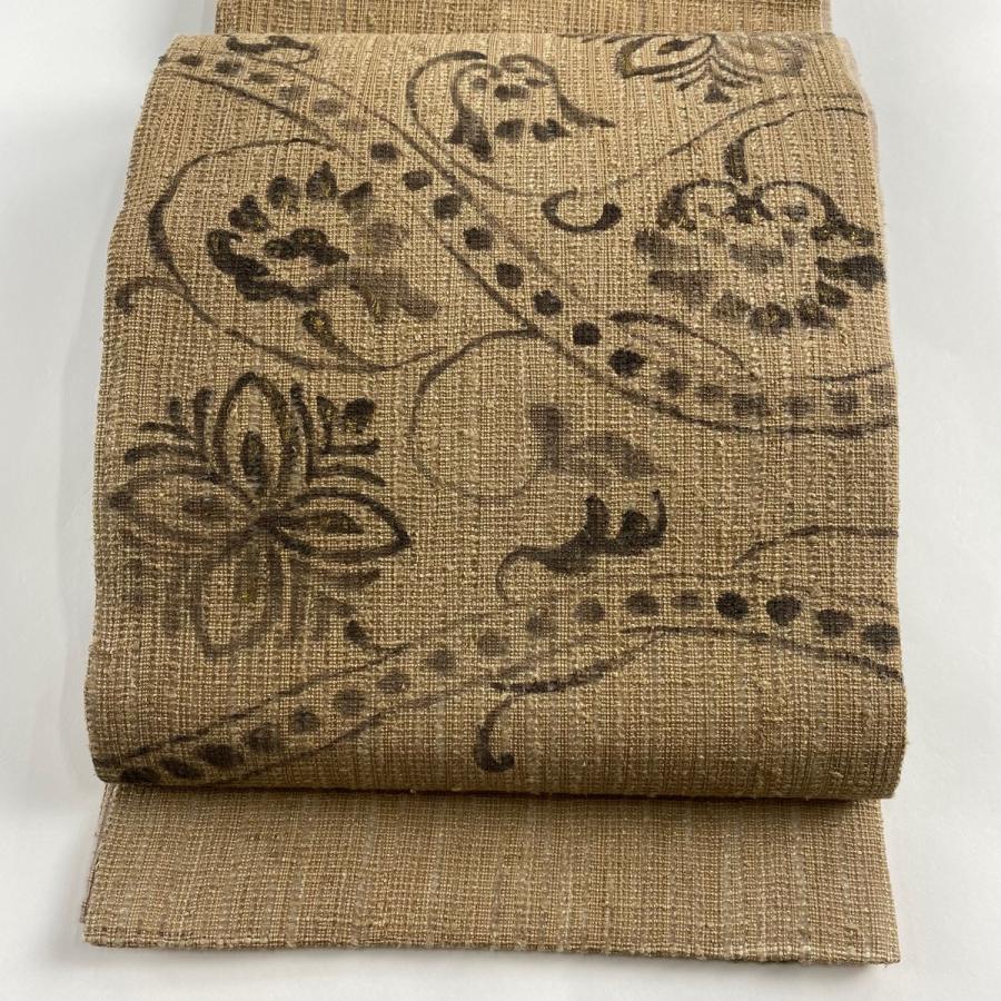 袋帯 美品 名品 草花 金彩 薄茶色 お太鼓柄 正絹 中古 : リユース  