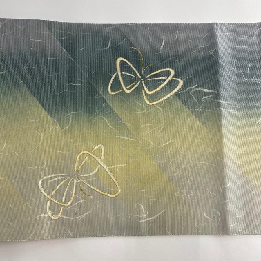 袋帯 名品 やまと 蝶 幾何学 金銀彩 箔 灰緑 お太鼓柄 正絹 中古 