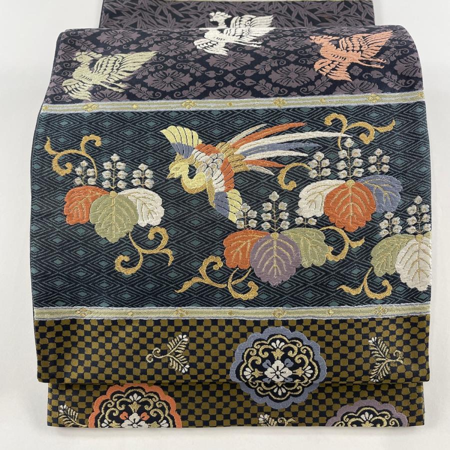 袋帯 名品 落款あり 桐 鳥 唐織 金銀糸 青紫 六通 正絹 中古  