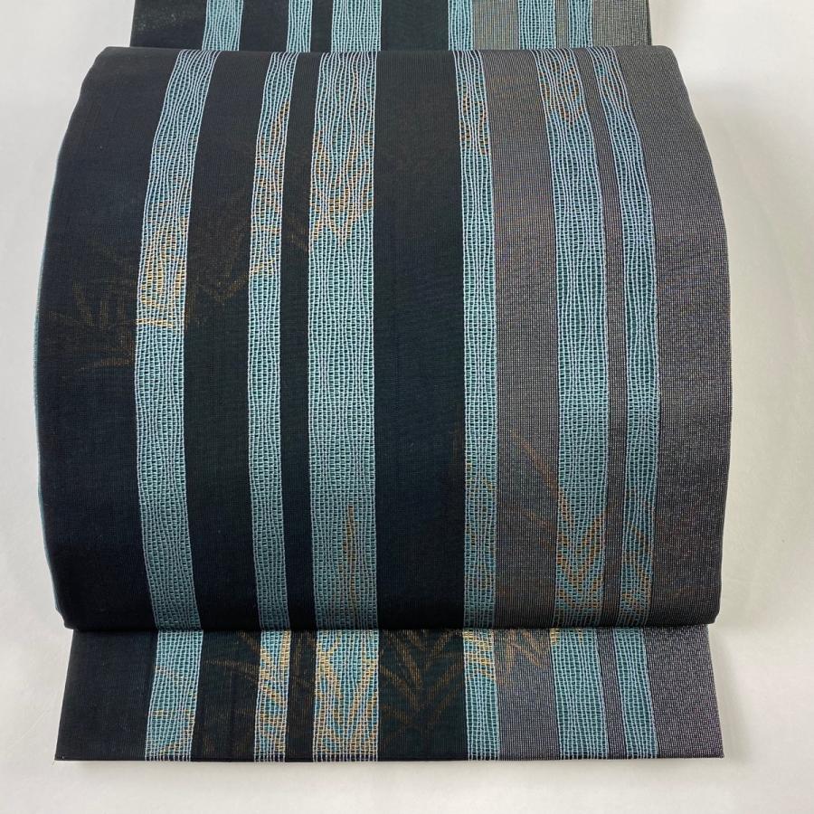 袋帯 美品 名品 縞 葉柄 金彩 銀通し 緑 全通 正絹 中古 : リユース  