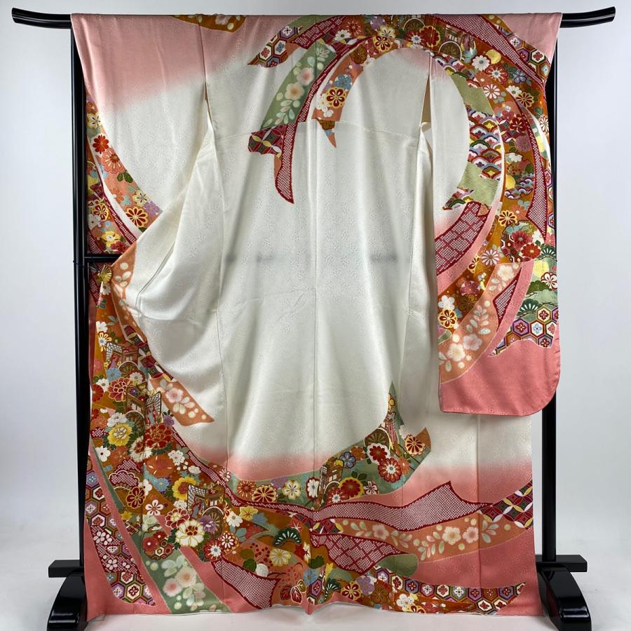 振袖 身丈172cm 裄丈67cm M 袷 御所車 草花 金糸 金彩 白 正絹 美品  