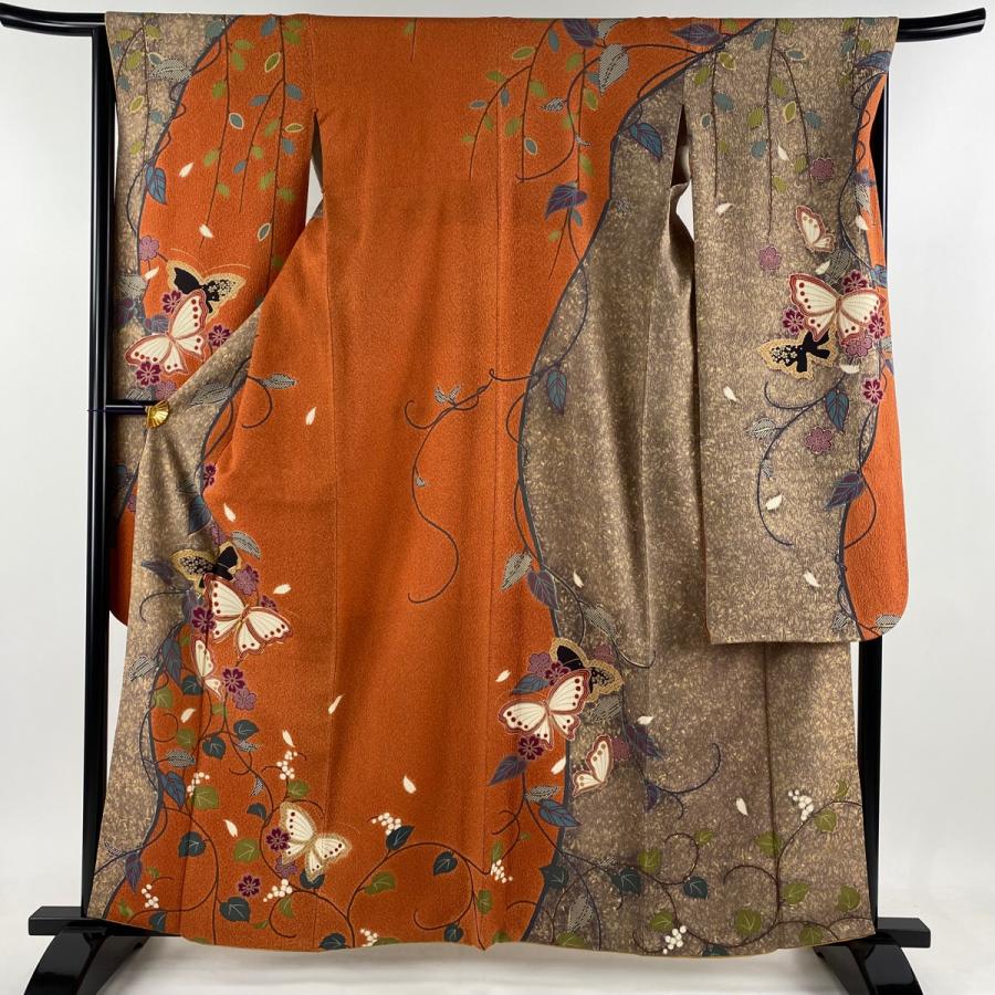振袖 身丈161cm 裄丈67cm M 袷 蝶 桜 金糸 金彩 オレンジ 正絹 名品  