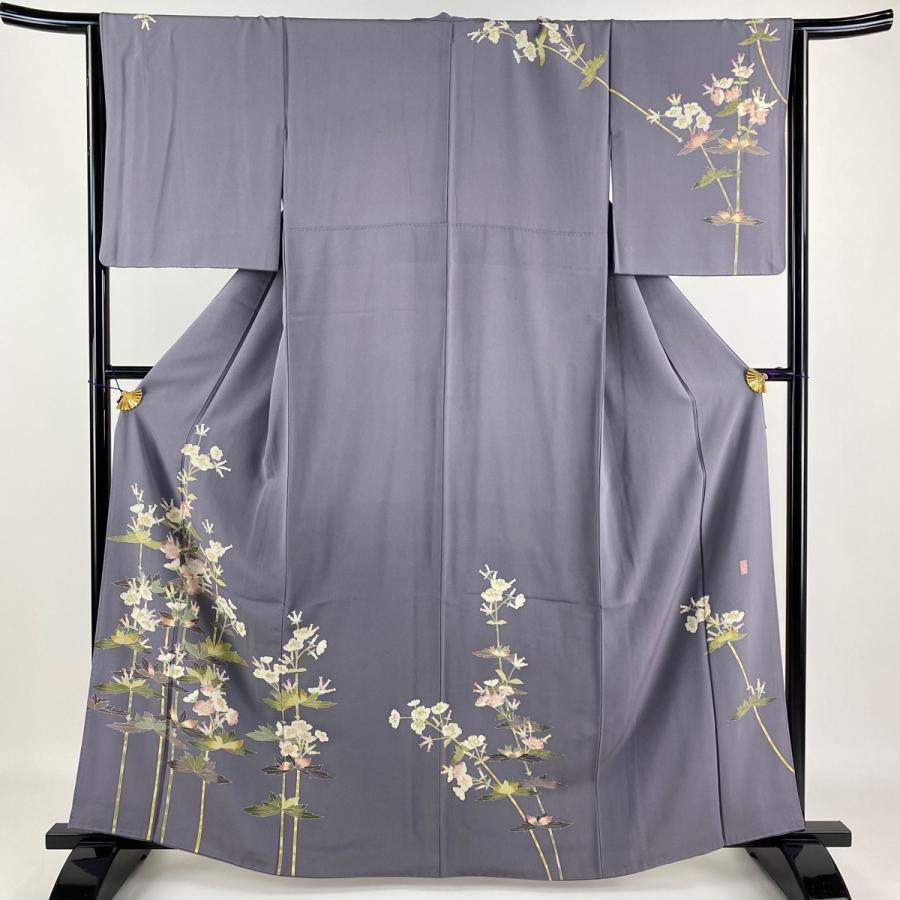 訪問着 身丈163cm 裄丈64cm M 袷 阿部佳雪 落款あり 草花 灰紫 正絹  