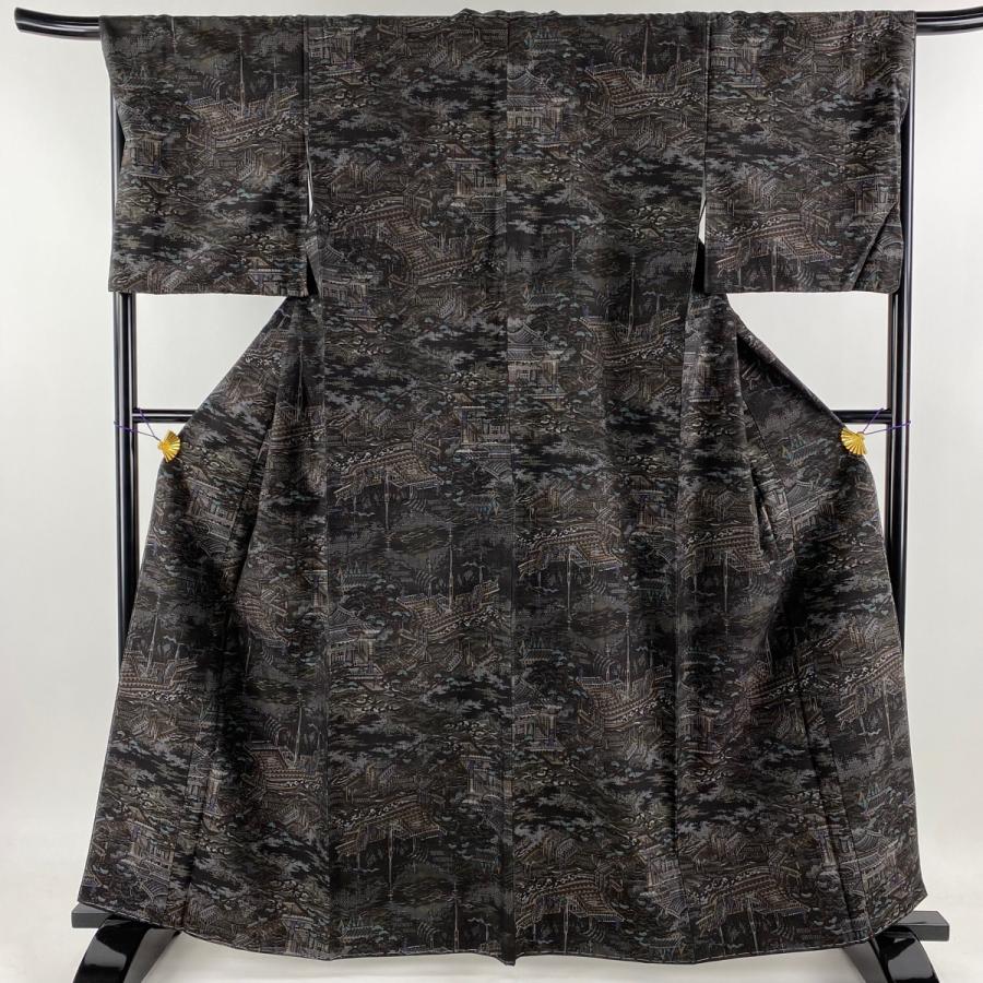 紬 身丈163cm 裄丈67cm M 袷 ますいわ屋 船 波 墨色 正絹 美品 名品  