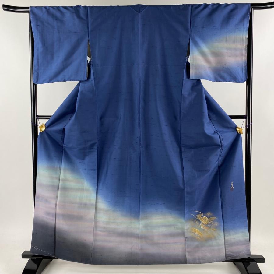 訪問着 身丈162.5cm 裄丈65cm M 袷 紬地 島田えり茂 霞 龍 ぼかし 金彩  