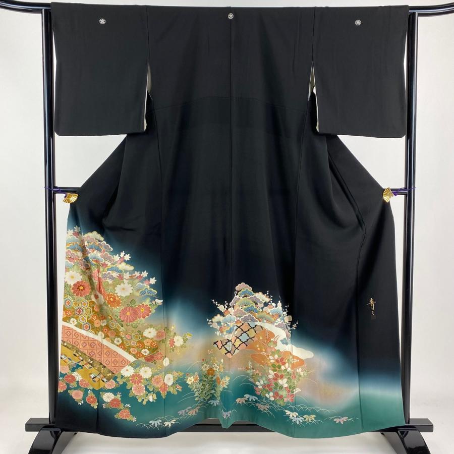 黒留袖 身丈157.5cm 裄丈64cm M 袷 松井青々 落款あり 菊 松竹梅 刺繍  