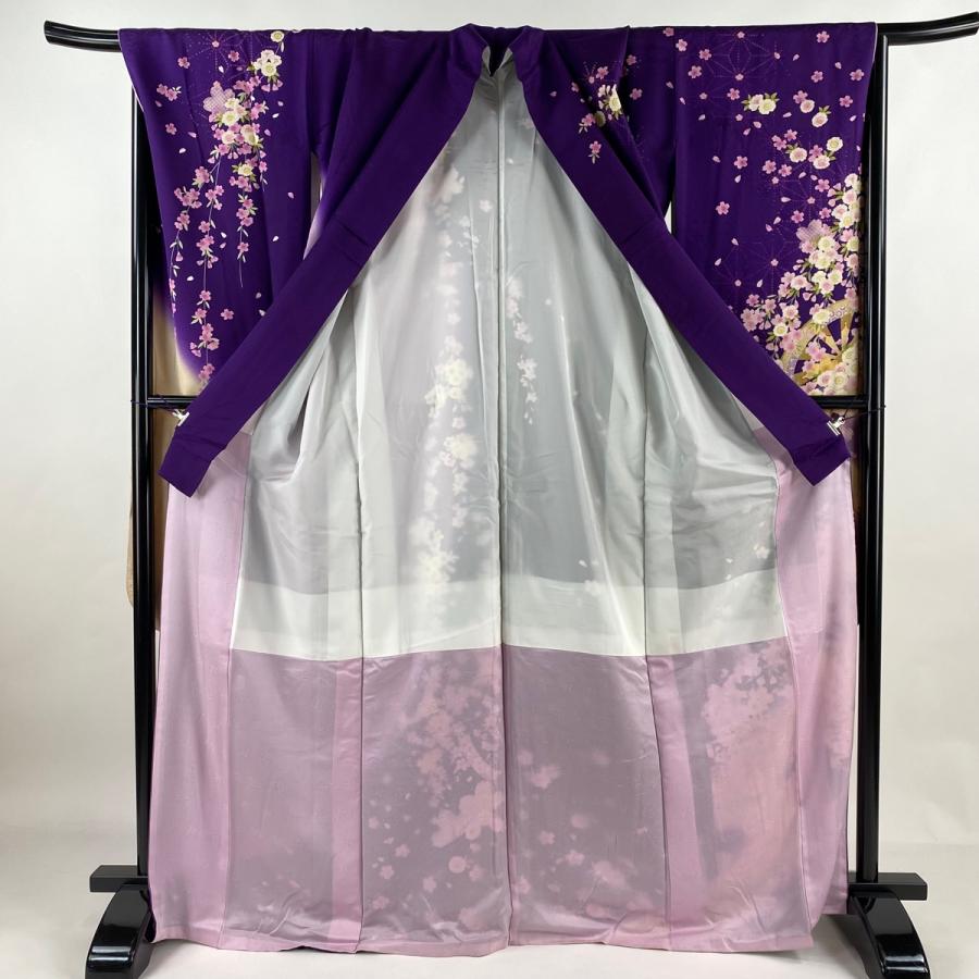 振袖 身丈170cm 裄丈68cm L 袷 桜 麻の葉 刺繍 箔 紫 正絹 美品 名品  