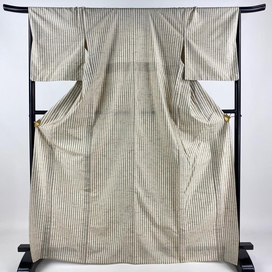 紬 身丈168cm 裄丈68cm L 単衣 縦縞 ベージュ 正絹 美品 名品 中古  