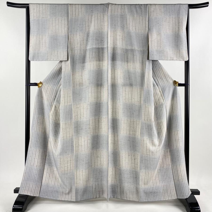 小紋 身丈162cm 裄丈65cm M 袷 ぜんまい紬地 縞 市松 さくら染 灰色  