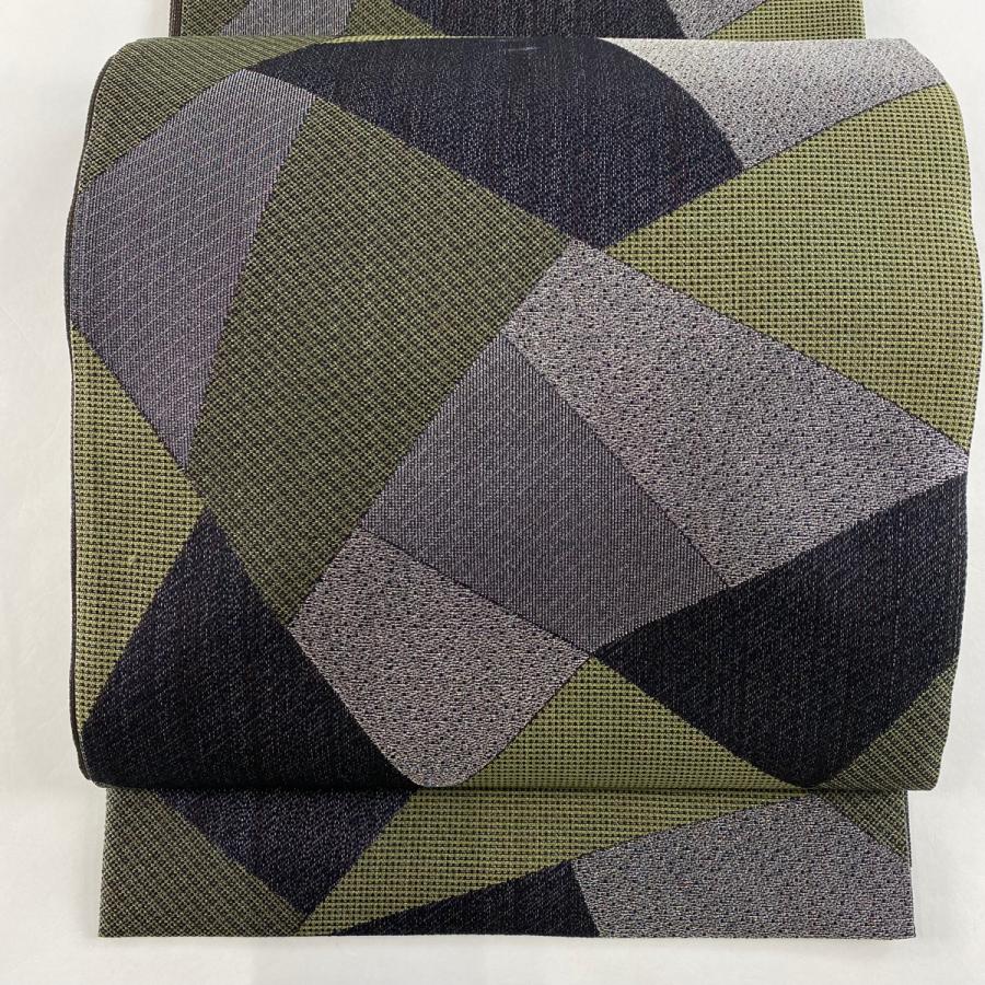 袋帯 美品 名品 寄せ柄 格子 銀糸 鶯色 六通 正絹 中古 : リユース  