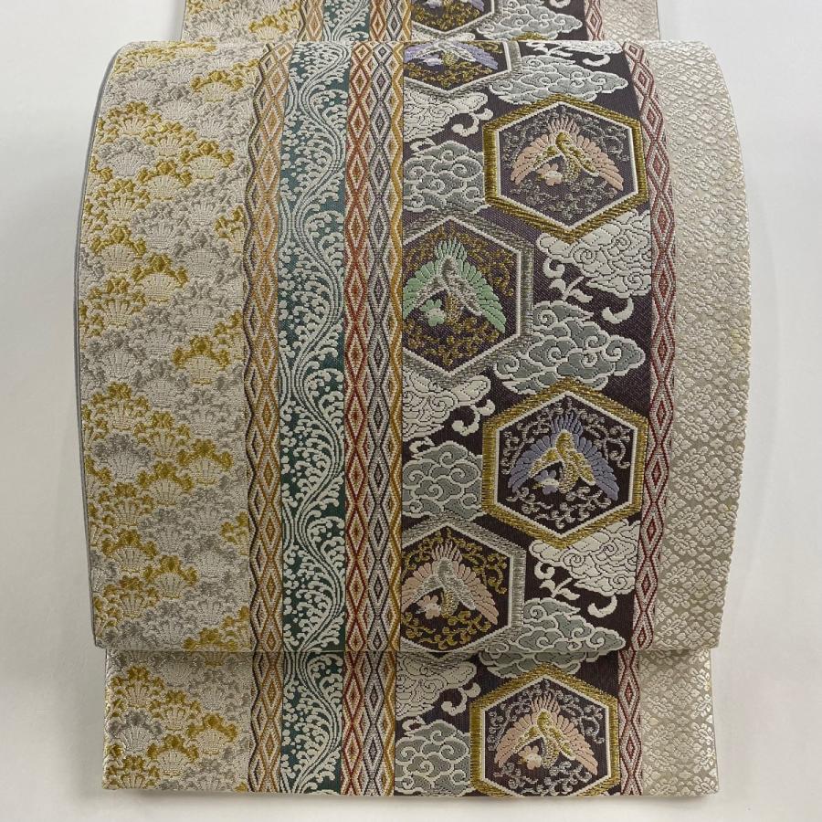 袋帯 名品 亀甲 鳥 金銀糸 唐織 クリーム 六通 正絹 中古 : リユース  