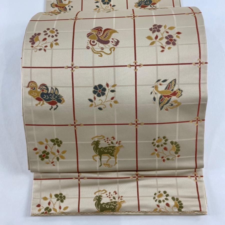 袋帯 名品 落款あり あらいそ 関西仕立て 花鳥 格子 箔 ベージュ 全通  