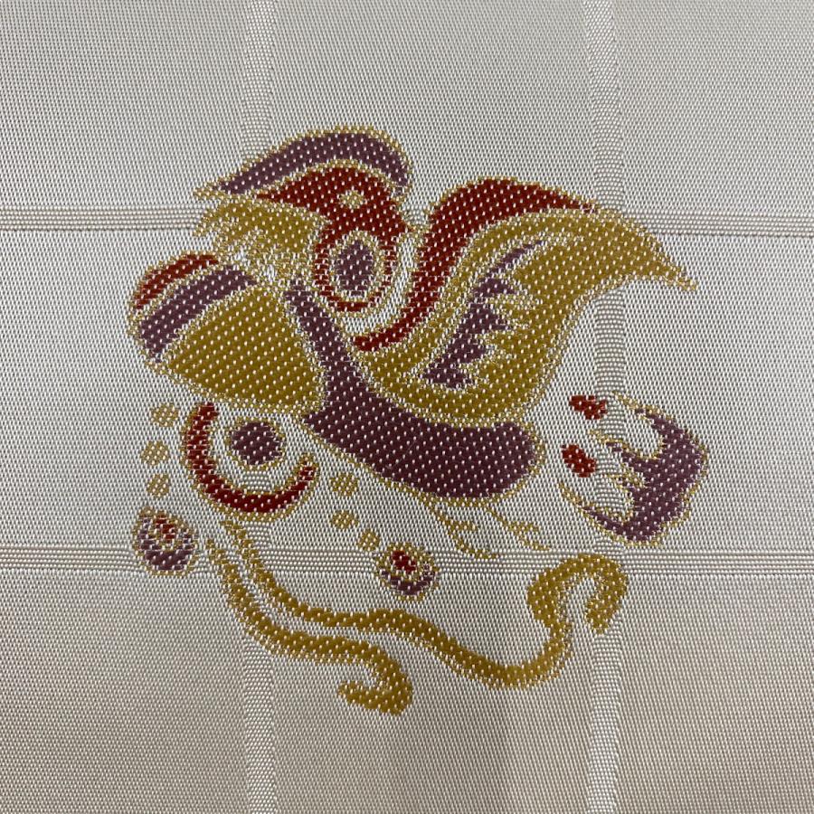 袋帯 名品 落款あり あらいそ 関西仕立て 花鳥 格子 箔 ベージュ 全通 