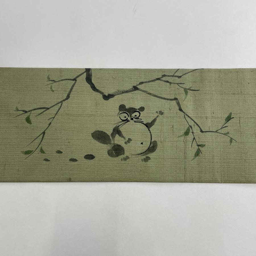 名古屋帯 美品 名品 紬地 たぬき 枝葉 灰緑 正絹 中古 名古屋帯 美品 名品 紬地 たぬき 枝葉 灰緑 正絹 中古