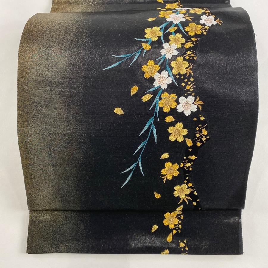 袋帯 美品 名品 じゅらく 落款あり 桜 金糸 箔 黒 お太鼓柄 正絹 中古 