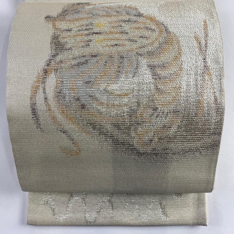 袋帯 名品 夏帯 海老 銀糸 ベージュ お太鼓柄 正絹 中古 : リユース  