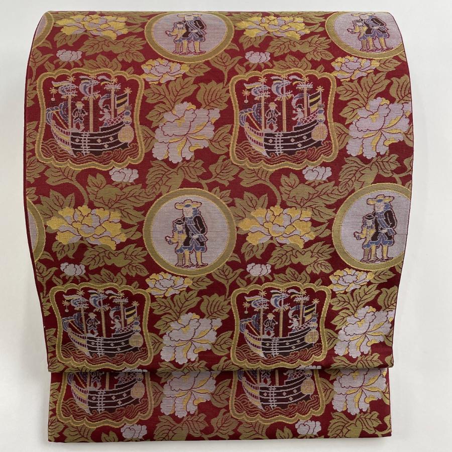 袋帯 美品 名品 川島織物 落款あり 人物 帆掛船 えんじ色 六通 袋帯 美品 名品 川島織物 落款あり 人物 帆掛船 えんじ色 六通