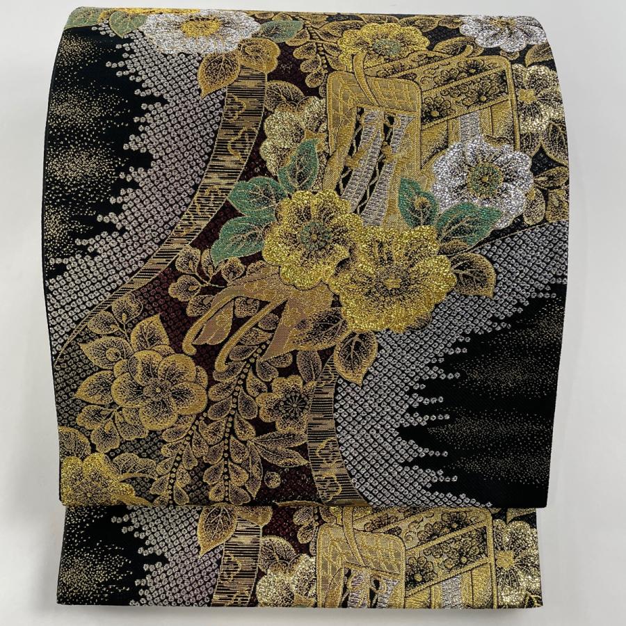 袋帯 美品 秀品 御所車 草花 金糸 箔 黒 六通 正絹 中古 