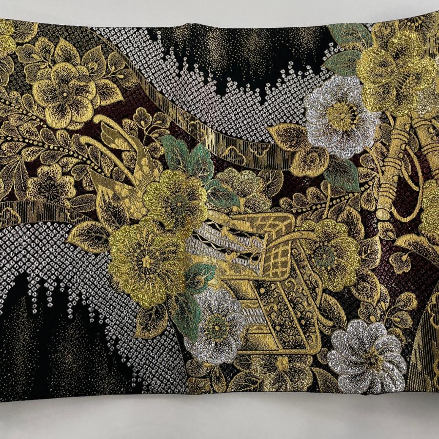 袋帯 美品 秀品 御所車 草花 金糸 箔 黒 六通 正絹 中古 