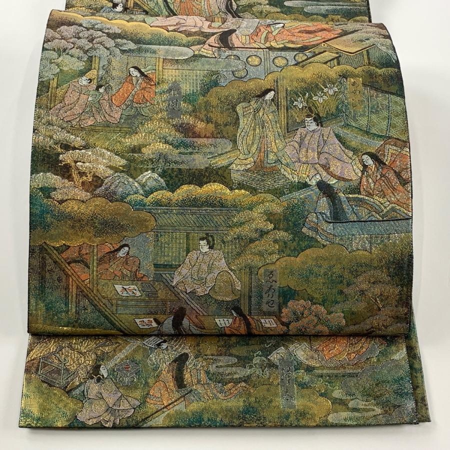 袋帯 美品 秀品 全通全景図 24Kプラチナ二重箔 源氏物語絵巻 灰緑 全通 