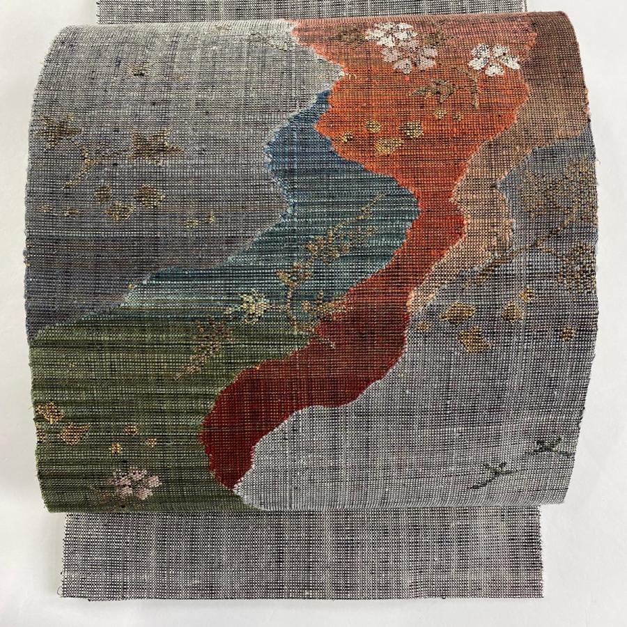 名古屋帯 秀品 八寸名古屋帯 松葉仕立て 紬地 道長取り 花鳥 金糸 黒灰  