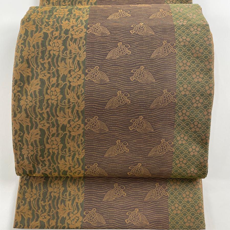 袋帯 美品 秀品 落款あり 菱屋六右衛門 蓑亀 波 茶色 全通 正絹 中古  