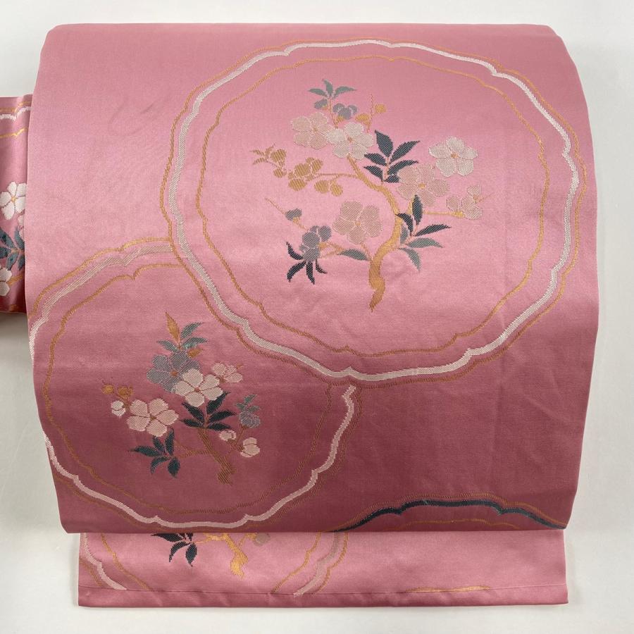 名古屋帯 秀品 関西仕立て 枝花 箔 ピンク 正絹 中古 : リユース 