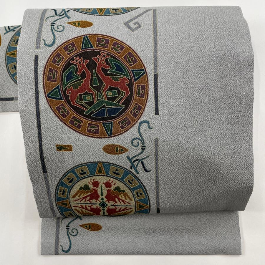 名古屋帯 美品 秀品 動物 幾何学 縮緬 灰色 正絹 中古 : リユース 