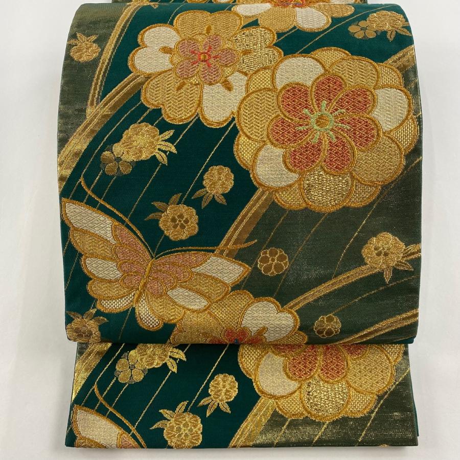 袋帯 美品 秀品 振袖向き 蝶 花 箔 金糸 緑 六通 正絹 中古 : リユース 