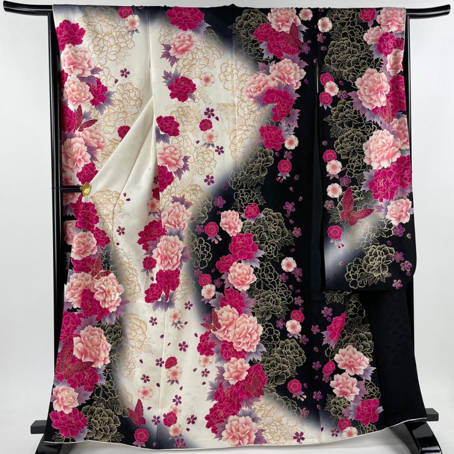 振袖 身丈164cm 裄丈66cm M 袷 牡丹 蝶 金糸 金彩 クリーム 正絹 美品  