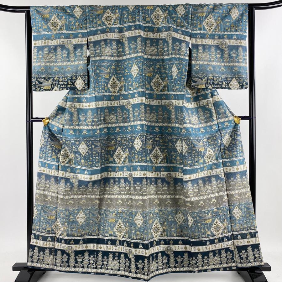 訪問着 身丈162cm 裄丈64.5cm M 袷 紬地 コプト柄 草花 刺繍 青緑 正絹  