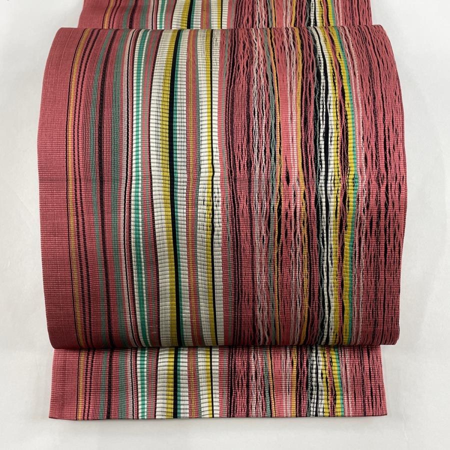 袋帯 美品 逸品 証紙あり 縞 博多織 赤紫 全通 正絹 中古 : リユース  