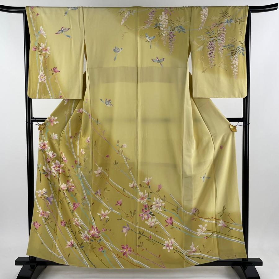 訪問着 身丈159cm 裄丈64.5cm M 袷 大久保謙一 落款あり 枝花 鳥  