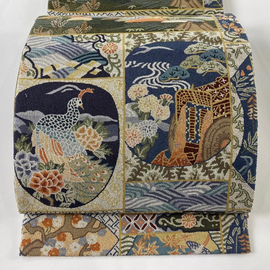 袋帯 美品 逸品 御所車 孔雀 相良刺繍 箔 クリーム 六通 正絹 中古 