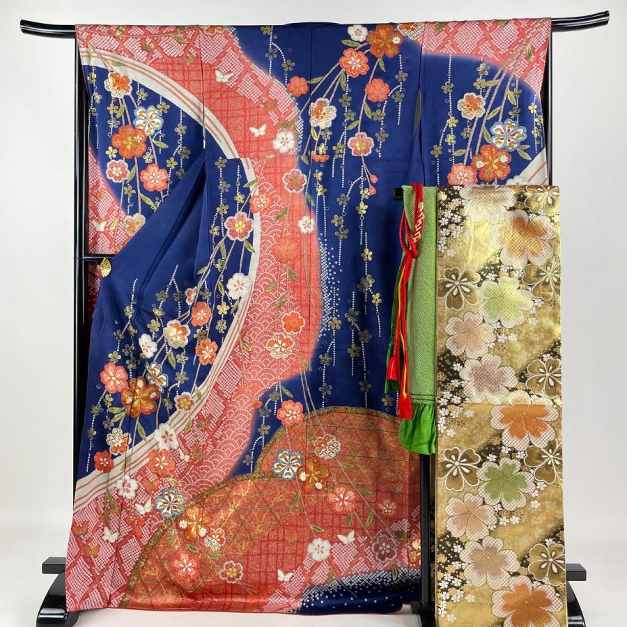 振袖 身丈170cm 裄丈66.5cm M 袷 袋帯フルセット 枝垂れ桜 間垣 金糸  