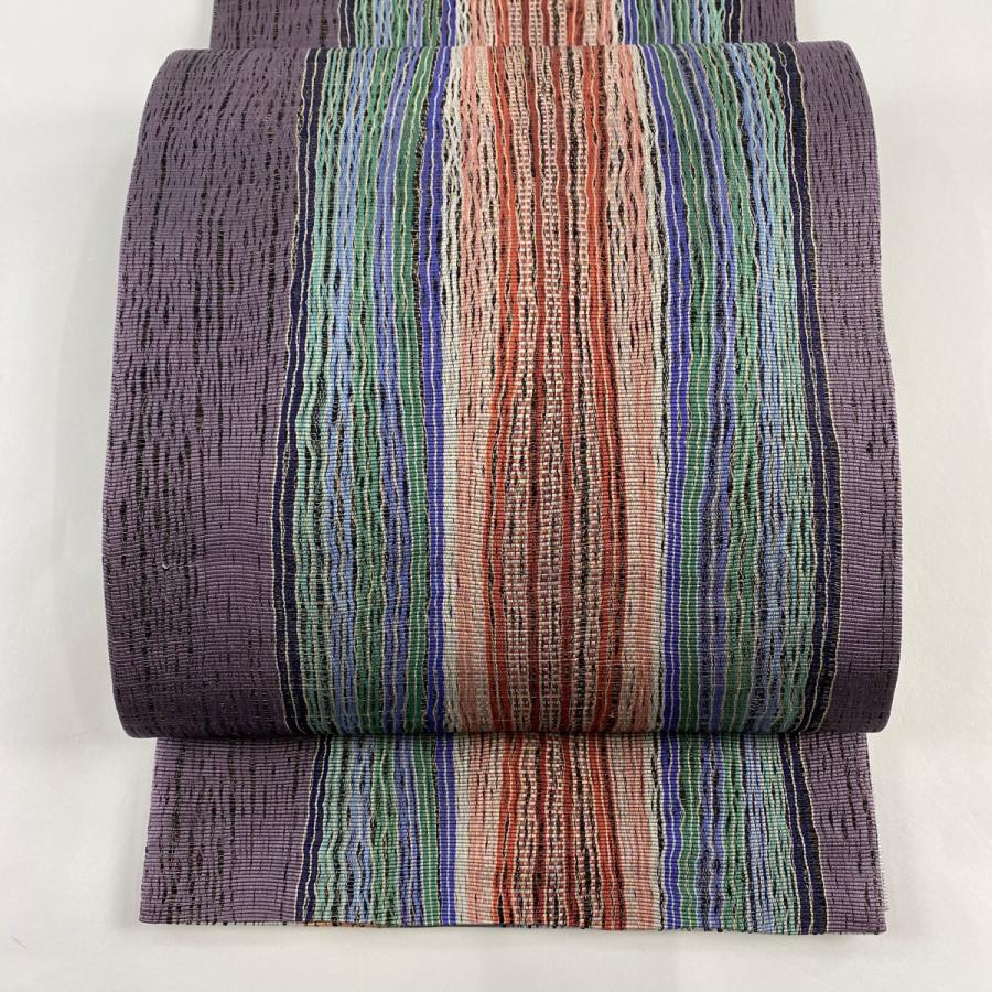 袋帯 美品 名品 リバーシブル 縞 金糸 紫 全通 正絹 中古 : リユース  