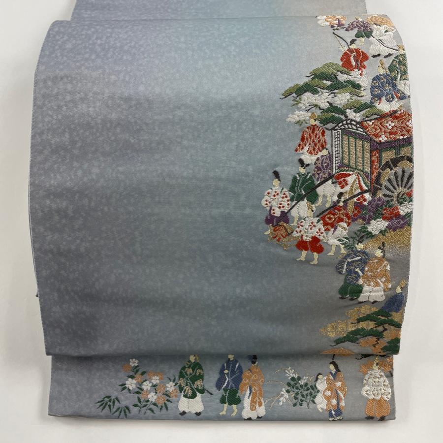 袋帯 美品 名品 じゅらく 落款あり 葵祭図 金糸 箔 青灰色 正絹 中古