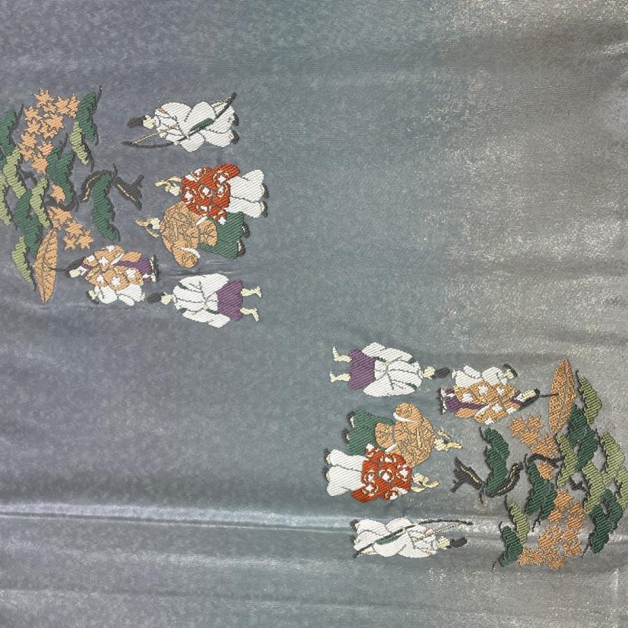 袋帯 美品 名品 じゅらく 落款あり 葵祭図 金糸 箔 青灰色 正絹 中古