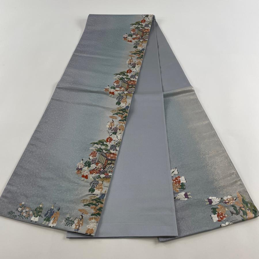 袋帯 美品 名品 じゅらく 落款あり 葵祭図 金糸 箔 青灰色 正絹 中古