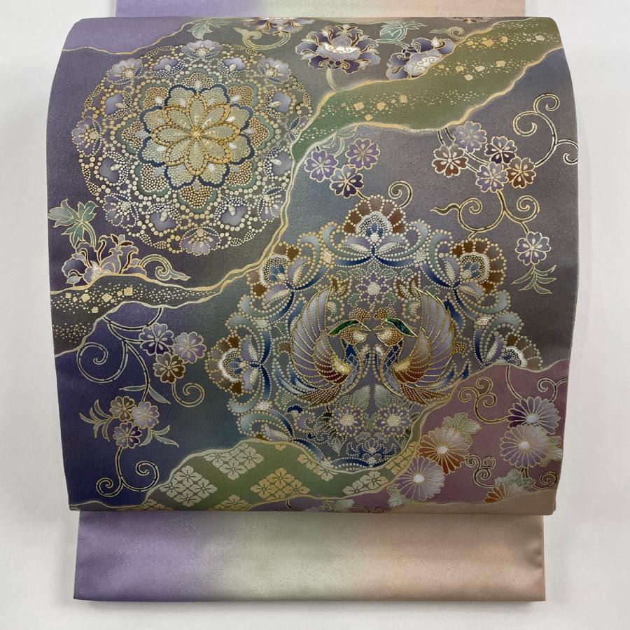 袋帯 美品 名品 落款あり 向かい鳥 華文 金銀彩 螺鈿 紫 お太鼓柄 正絹 