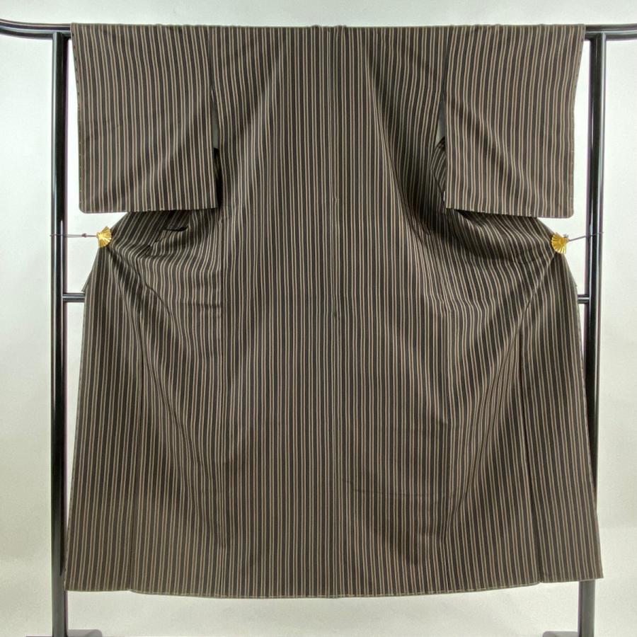 小紋 身丈147.5cm 裄丈62.5cm S 袷 縦縞 墨色 化繊 美品 秀品 中古  