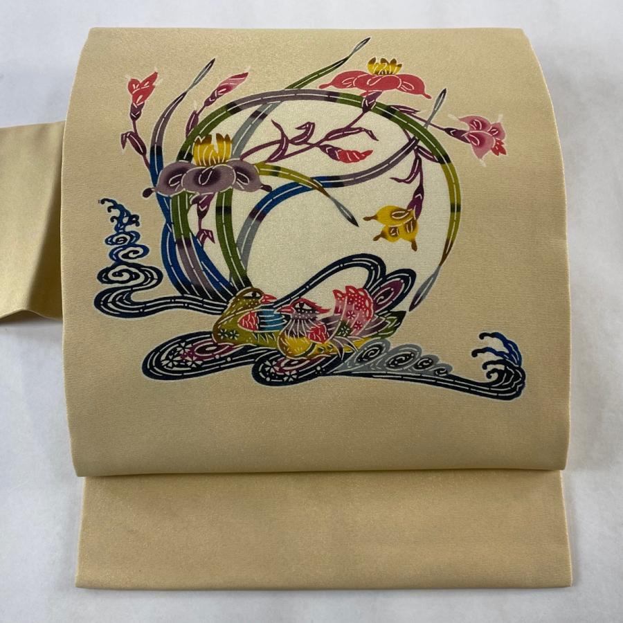 名古屋帯 美品 逸品 落款あり 鳥 菖蒲 金糸 薄茶色 正絹 中古  