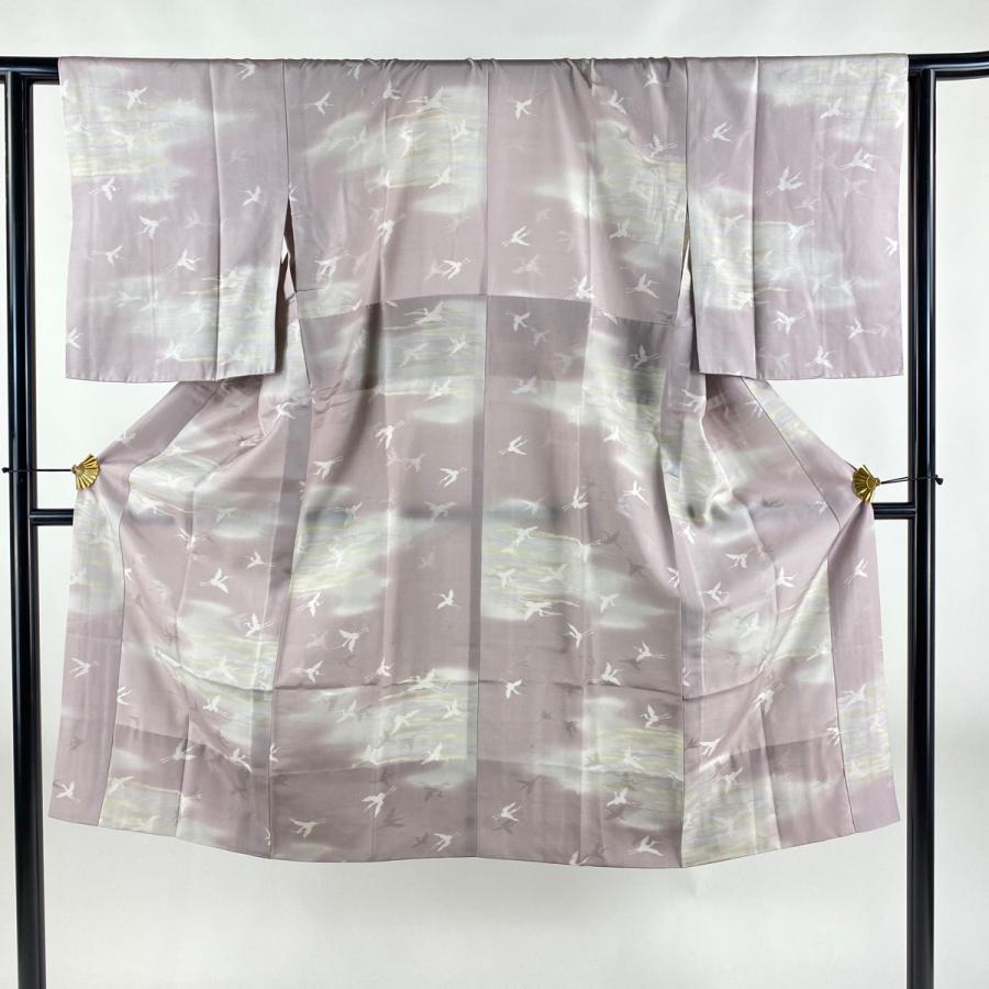 長襦袢 身丈122cm 裄丈69cm L 紬地 やまと 鳥 霞 ぼかし 薄紫 正絹 美  