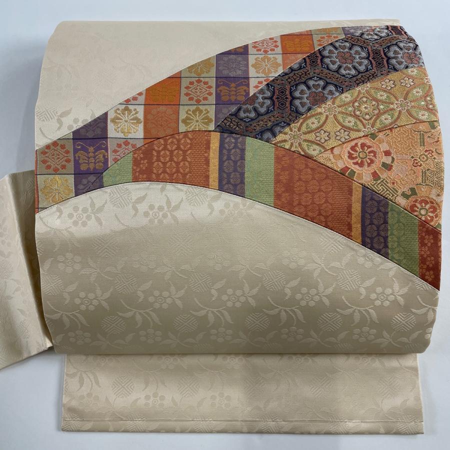 名古屋帯 美品 秀品 七宝文 華文 箔 パッチワーク ベージュ 正絹 名古屋帯 美品 秀品 七宝文 華文 箔 パッチワーク ベージュ 正絹
