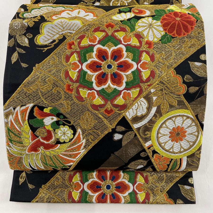 袋帯 美品 逸品 華文 有職文様 浸ける 金銀糸 刺繍 黒 六通 正絹 中古 