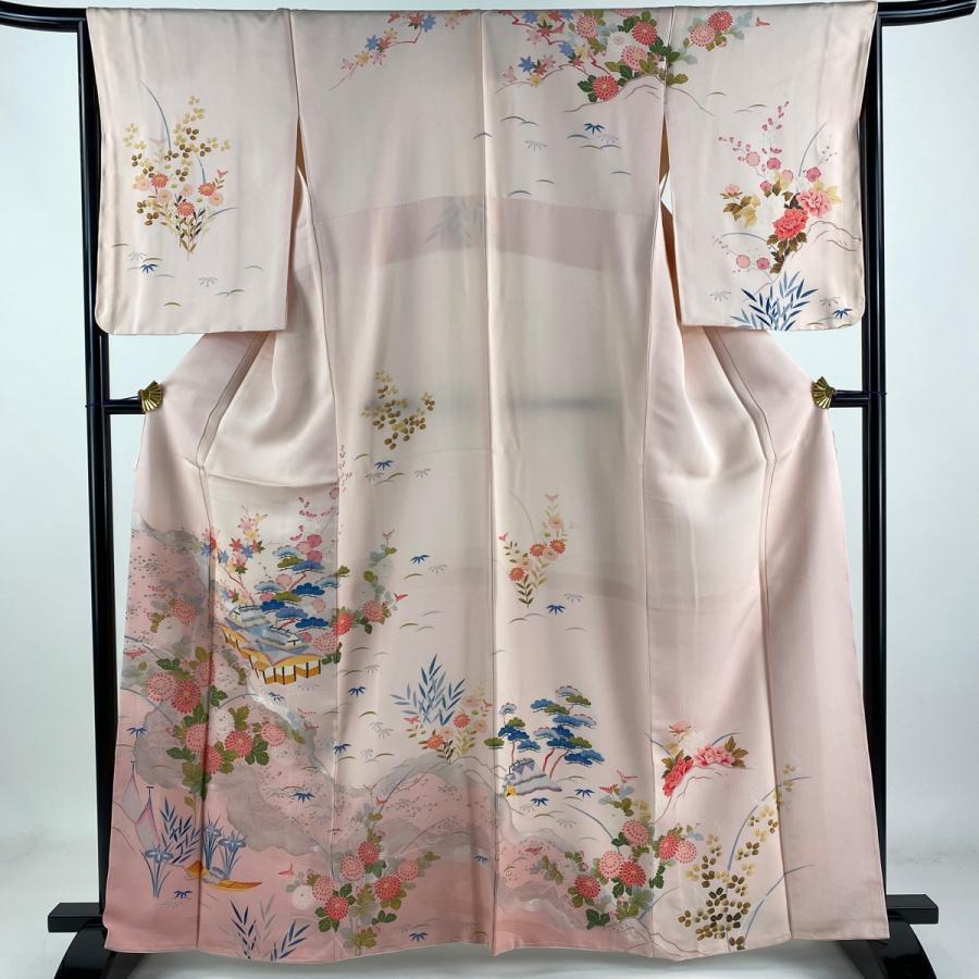 訪問着 身丈159cm 裄丈65cm M 袷 牡丹 デカダン 菊 薄緑 正絹 名品 【 